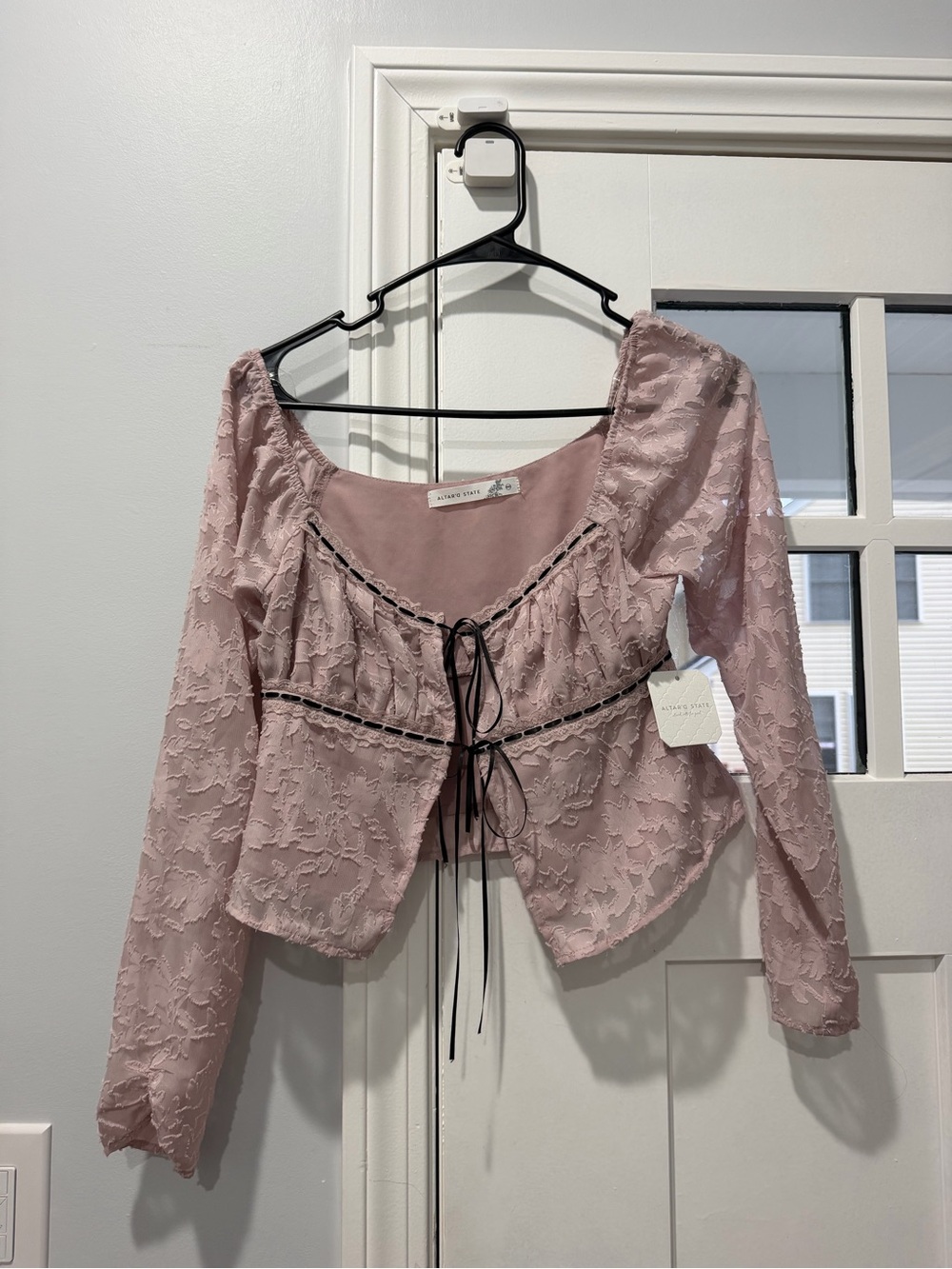 Altar'd State Dusty Pink Lace Tie-Front Blouse with Black Trim